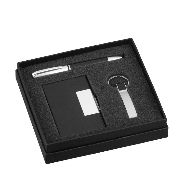 Conjunto de chaveiro, caneta e porta-cartão personalizado