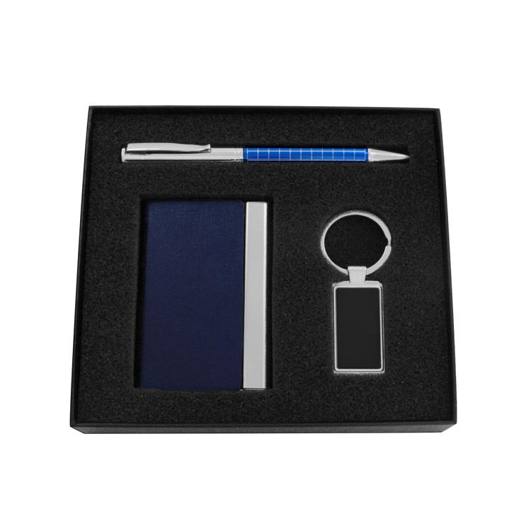 Conjunto de caneta, chaveiro e porta-cartão personalizado