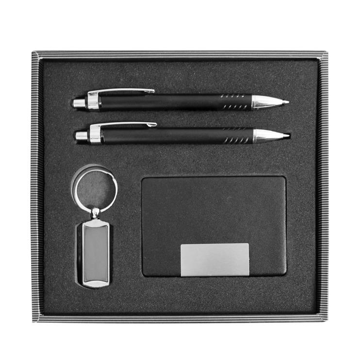 Conjunto de caneta, lapiseira, porta-cartão e chaveiro personalizado