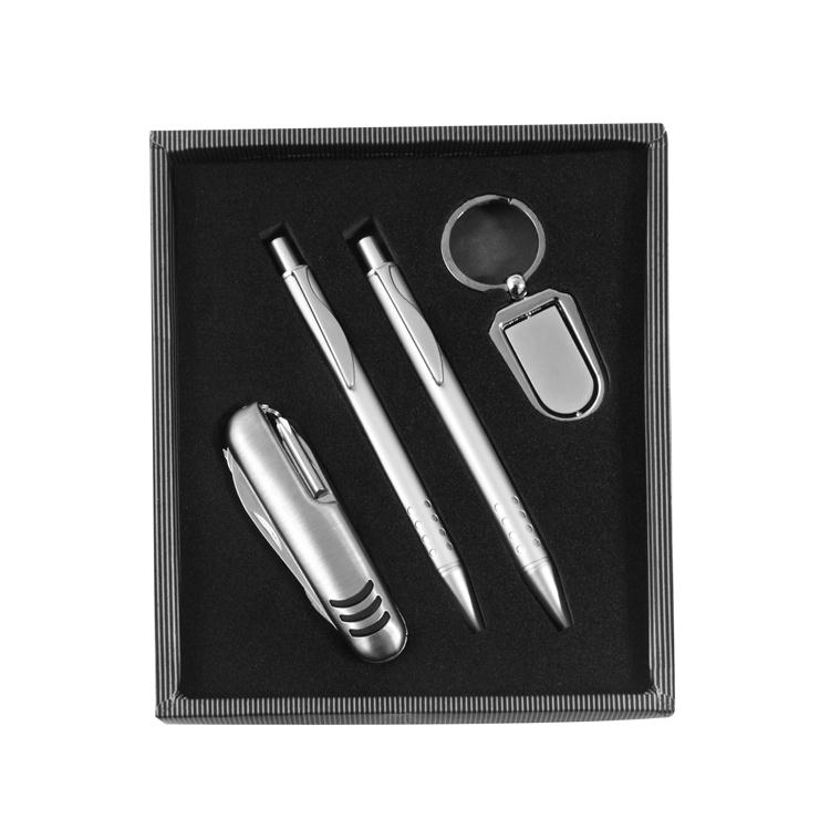 Conjunto de caneta, lapiseira, chaveiro de metal e canivete de 7 funções personalizado - KEX015
