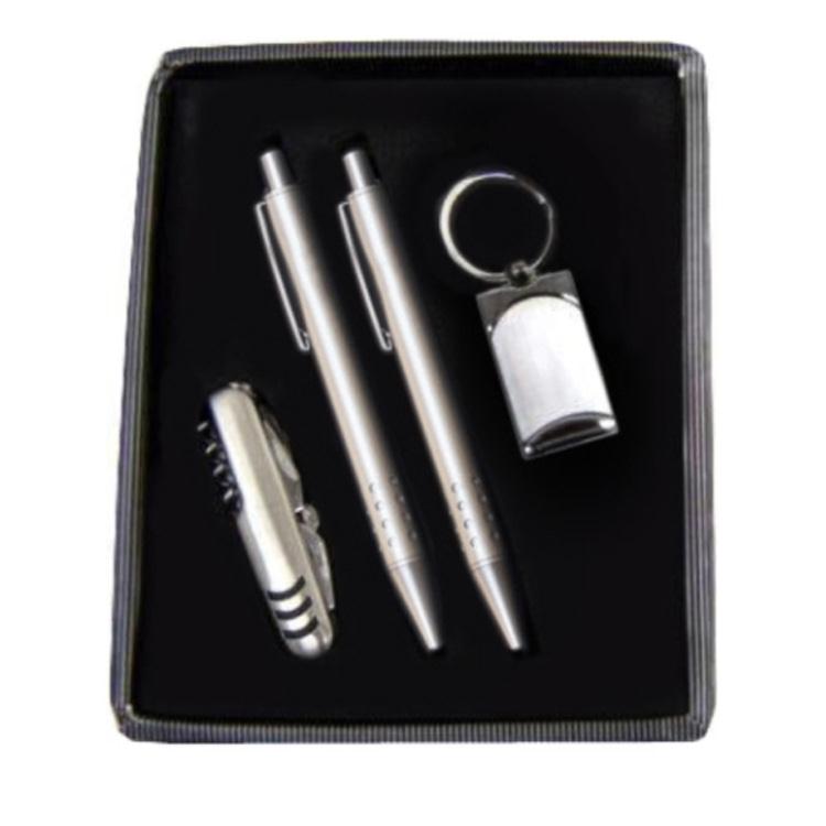 Conjunto de caneta, lapiseira, chaveiro de metal e canivete de 11 funções personalizado - KEX018