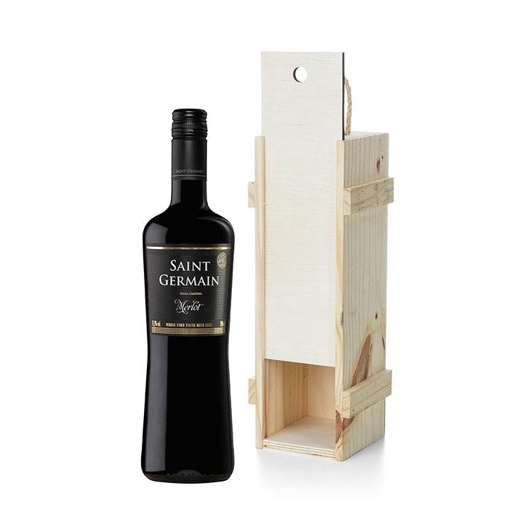 Caixa porta vinho de madeira com garrafa personalizado - KB027B