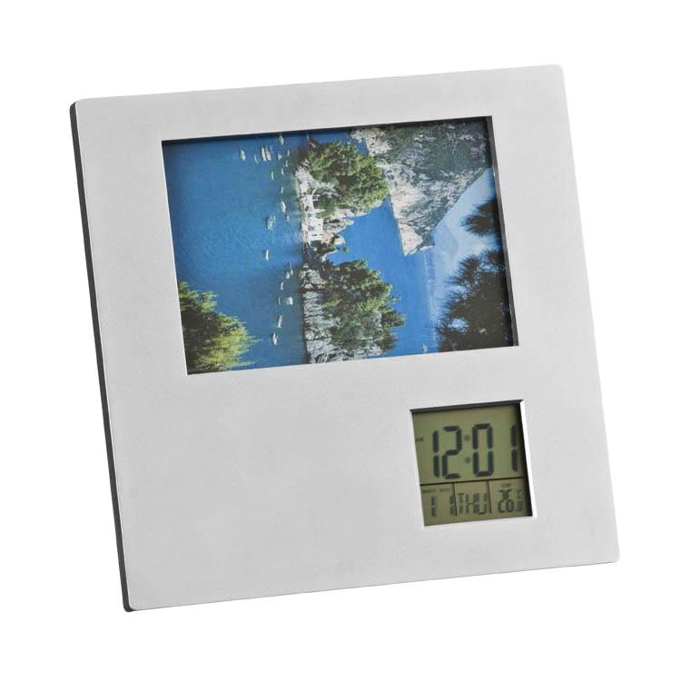 Porta retrato com relógio digital, alarme, calendário e temperatura personalizado - PR006