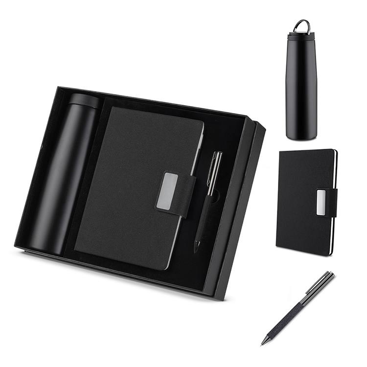 Kit escritório personalizado caderno, garrafa e caneta metalica